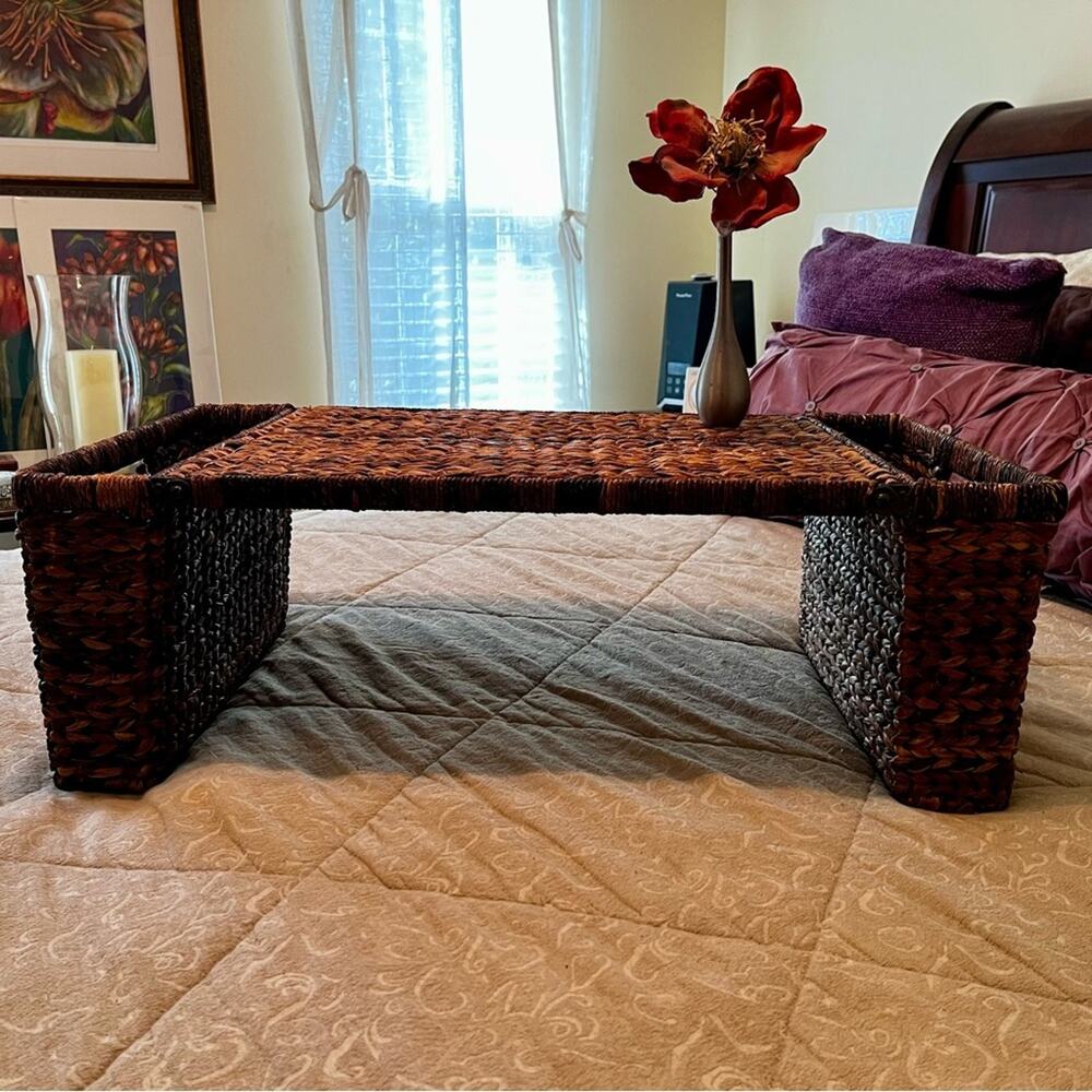 NEW Pottery Barn Rattan Wicker Metal Folding Side Table Tea Brunch Bed Table T…